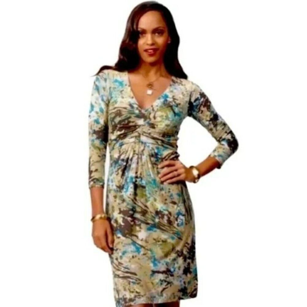 CABI Gallery Dress V-Neck Long Sleeve Earth Tones Sz S #850 NWT